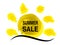 Yellow sunshine sun with sea wave. Watercolor grunge sun symbol. Summer offer Label. Sale symbol.