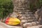 Yellow surfboard waiting for summer sports activity tourism trip