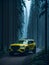 Yellow SUV in a foggy forest. Unique image. AI