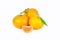 Yellow sweet isolated peeled and whole mandarin clementine tangerine on white copy space with leaf. Tangerines background concept