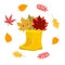 Yellow tall clear rubber boots with maple leaves in kawaii style. Gardening, autumn. Autumn banner. Vector