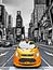 Yellow taxi in black and white Times Square Manhattan New York city USA artistic painting brushed