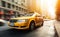 Yellow taxi cab passing through city street motion blur. Generative AI