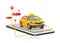 yellow taxi or cab on smartphone is driving to drop off passengers following yellow GPS and route red pin to their location