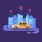 Yellow taxi car on the road at night. Taxi service flat illustration