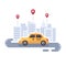Yellow taxi car on the road. Taxi service flat illustration