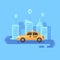 Yellow taxi car on the road. Taxi service flat illustration banner