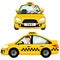 Yellow taxi car and taxi driver. He is fastened with a seat belt in the cabin.