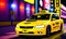 Yellow taxi on a neon city street. Generative AI