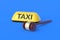 Yellow taxi sign near judge hammer. Work license. Rights and obligations of passengers
