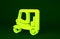 Yellow Taxi tuk tuk icon isolated on green background. Indian auto rickshaw concept. Delhi auto. Minimalism concept. 3d