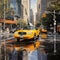 A yellow taxi on a wet street