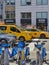 Yellow taxis and bicycles together, New York, Manhattan, USA