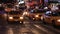 Yellow Taxis and other traffic clog the night streets of NYC near Broadway