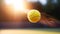 Yellow tennis ball flying over a tennis court in the sunlight flare. Dynamic image showing motion. Victory achievement concept