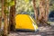 Yellow tent at the campsite surrounding by nature on the river bank