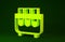 Yellow Test tube and flask chemical laboratory test icon isolated on green background. Laboratory glassware sign