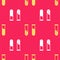 Yellow Test tube and flask - chemical laboratory test icon isolated seamless pattern on red background. Laboratory