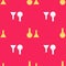 Yellow Test tube and flask icon isolated seamless pattern on red background. Chemical laboratory test. Laboratory