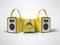 Yellow three portable speaker for listening to music in leather binding 3d render on gray background with shadow