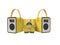 Yellow three portable speaker for listening to music in leather binding 3d render on white background no shadow