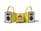 Yellow three portable speaker for listening to music in leather binding 3d render on white background with shadow