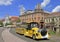 Yellow touristic train in the center of Kosice, Slovakia