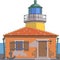 The yellow tower of the sea lighthouse on the background of the sea. Corfu.