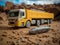 yellow toy crane truck and a silver toy car on a sandy surface