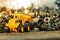 Yellow toy dump truck and typewriter tractor bulldozer