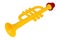 Yellow toy musical trumpet. On a white background, isolated