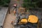 Yellow tractor. Construction worker installing sidewalk pavement. Stone Path. Top view. Rishon Le Zion 2018