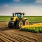 Yellow tractor driving across a large field for harvesting crop in Agricultural vehicle working at golden agronomy and soil