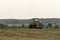 A yellow tractor with the help of a manipulator puts round bales of hay on a trailer. Transportation of hay bales in meta storage