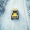 Yellow tractor working on the snowy road during snowfall. Snowplough removing snow in cold weather in winter. Generative AI