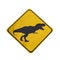Yellow traffic label with dinosaur pictogram isolated