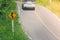 Yellow traffic sign `maze traffic` on green bush beside the road with car and sunlight background.