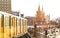 Yellow train in Berlin - U-Bahn railway with Oberbaum Bridge on background at Friedrichshain Kreuzberg