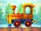 Yellow train retro cartoon watercolor painting travel in christmas pine tree forest illustration design hand drawing