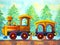 Yellow train retro cartoon watercolor painting travel in christmas pine tree forest illustration design hand drawing