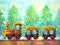 Yellow train retro cartoon watercolor painting travel in christmas pine tree forest illustration design hand drawing