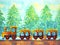 Yellow train retro cartoon watercolor painting travel in christmas pine tree forest illustration design hand drawing