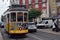 Yellow tram in Alfama. Lisboa. Portugal