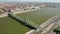 Yellow tram is crossing the Liberty Bridge, aerial view