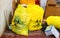 yellow trash bag of biohazard medical waste. Word limbah infeksius in Indonesian means infectious waste