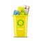 Yellow trash can. With a recycling icon for paper. Isolated on a white background. Garbage sorting. Ecology. Garbage