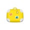 Yellow travel bag suitcase with stickers.