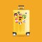 Yellow travel luggage with stickers, labels and Tags. Realistic suitcase.