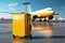 A yellow travel suitcase stands near the airport window against the background of passenger planes. Generated by AI