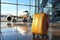 A yellow travel suitcase stands near the airport window against the background of passenger planes. Generated by AI